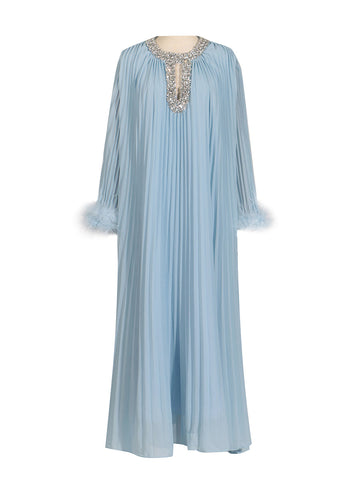 Woochic robe à plumes col rond strass plissée couture bleu S